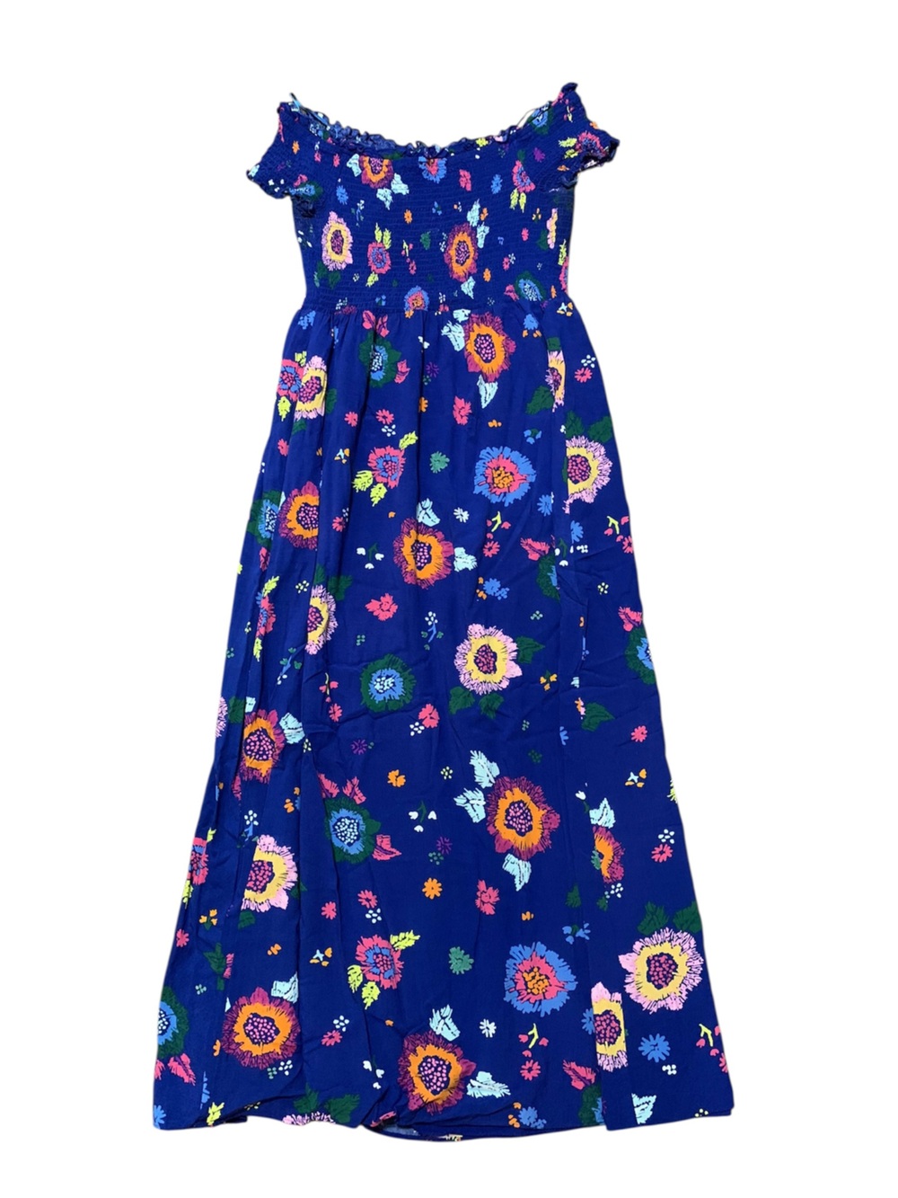 Guess Floral Smocked Maxi Dress - Blue with Multicolor Flowers
